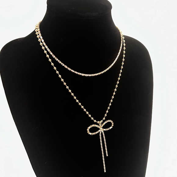 EXPRESS Gold & Baguette Rhinestone/Crystal Bow Layered Necklace NWT - Picture 6 of 14